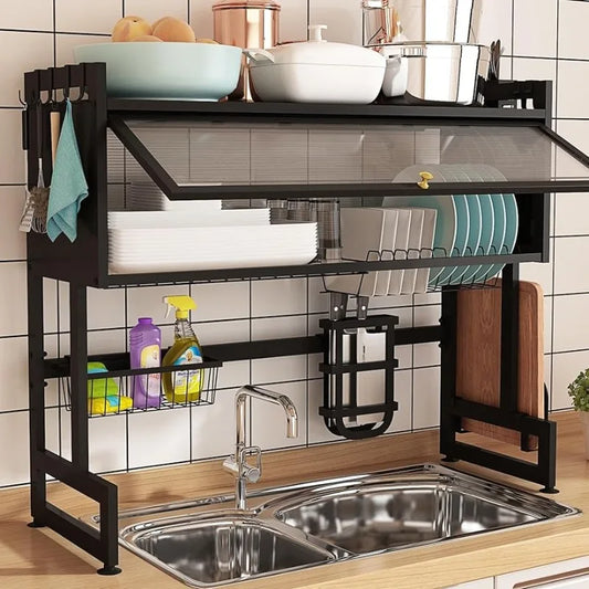 Large Stainless Steel Over The Sink 2 Tier Dish Rack with Cover