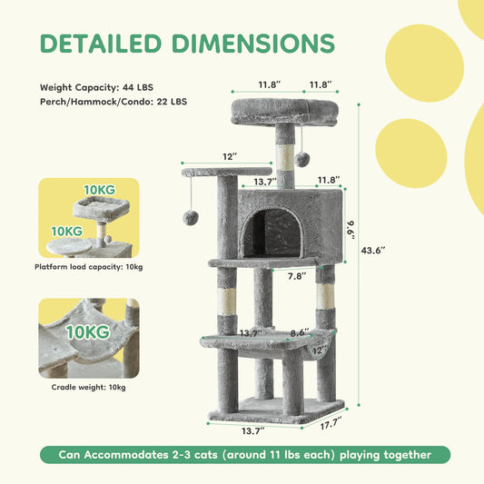 44in Tall Multi-Cat Climbing Tree with Scratching Posts