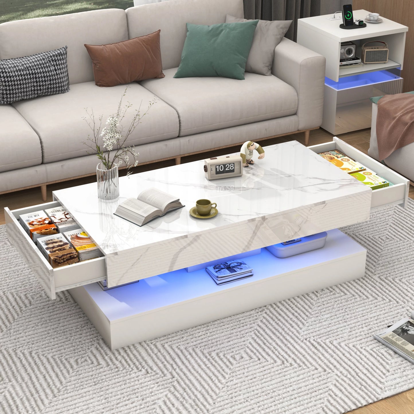 Modern Stylish Double-Layer Coffee Table with LED Lights & Storage