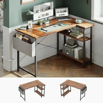 L-Shaped Computer Desk with Reversible Storage Shelves